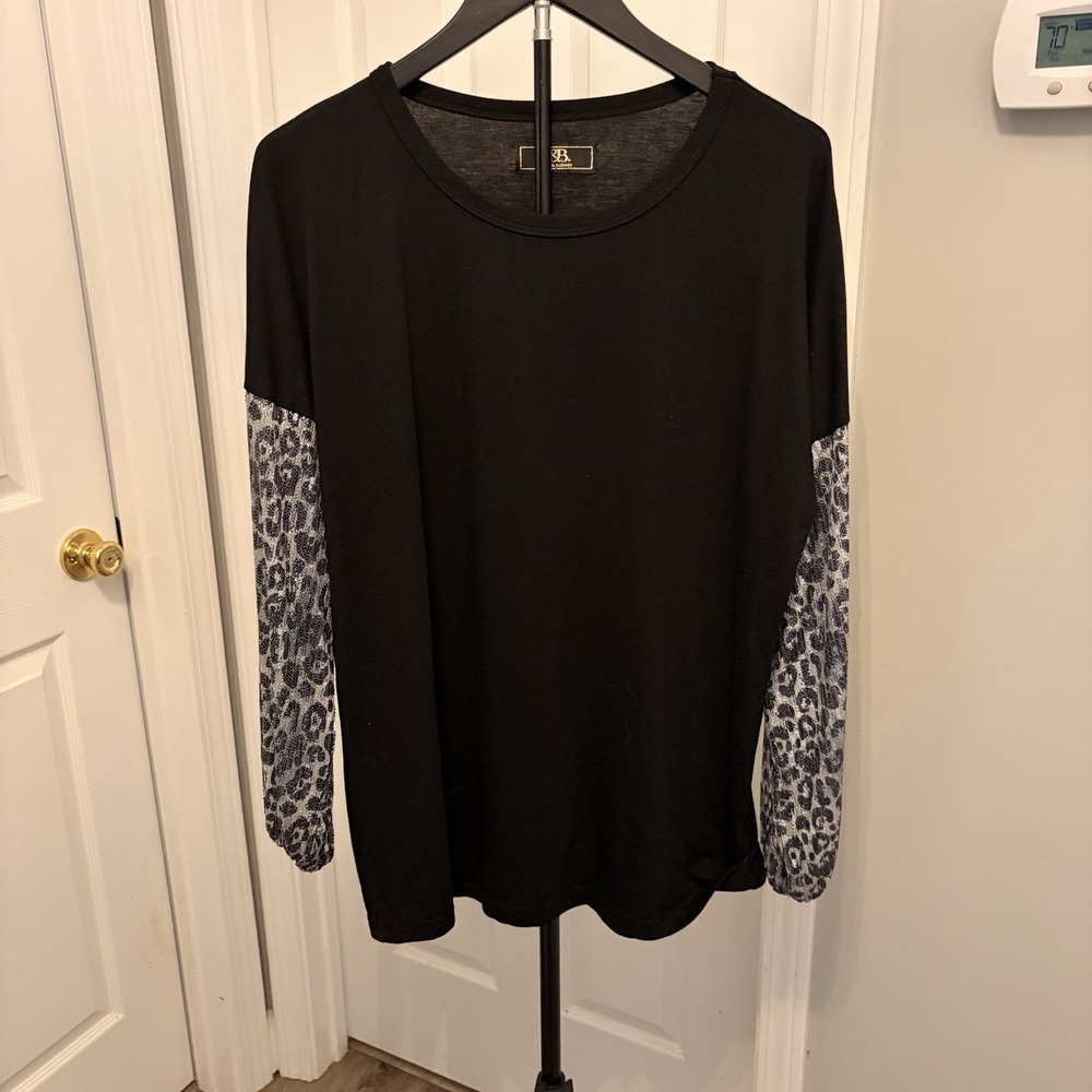 Lucky & Blessed Black Sheer Leopard print sleeves Tunic Western boutique Cowgirl